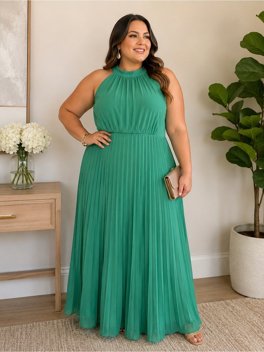 Maggy London Emerald Green Halter Pleated Maxi Dress